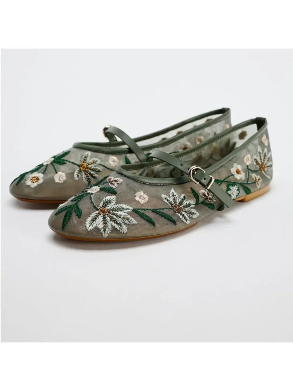 Floral Embroidered Mesh Ballet Flats for Women | Round Toe Mary Jane Style